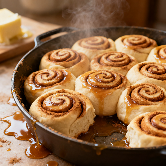 Cinnamon rolls with caramel sauce in a cast iron skillet on a wooden surface.
