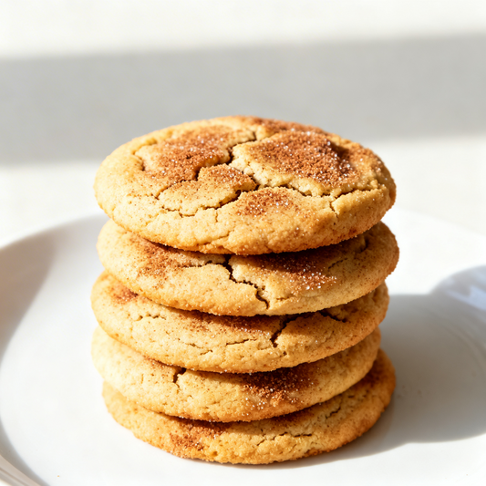 Stack of snickerdoodle cookies on a white plate