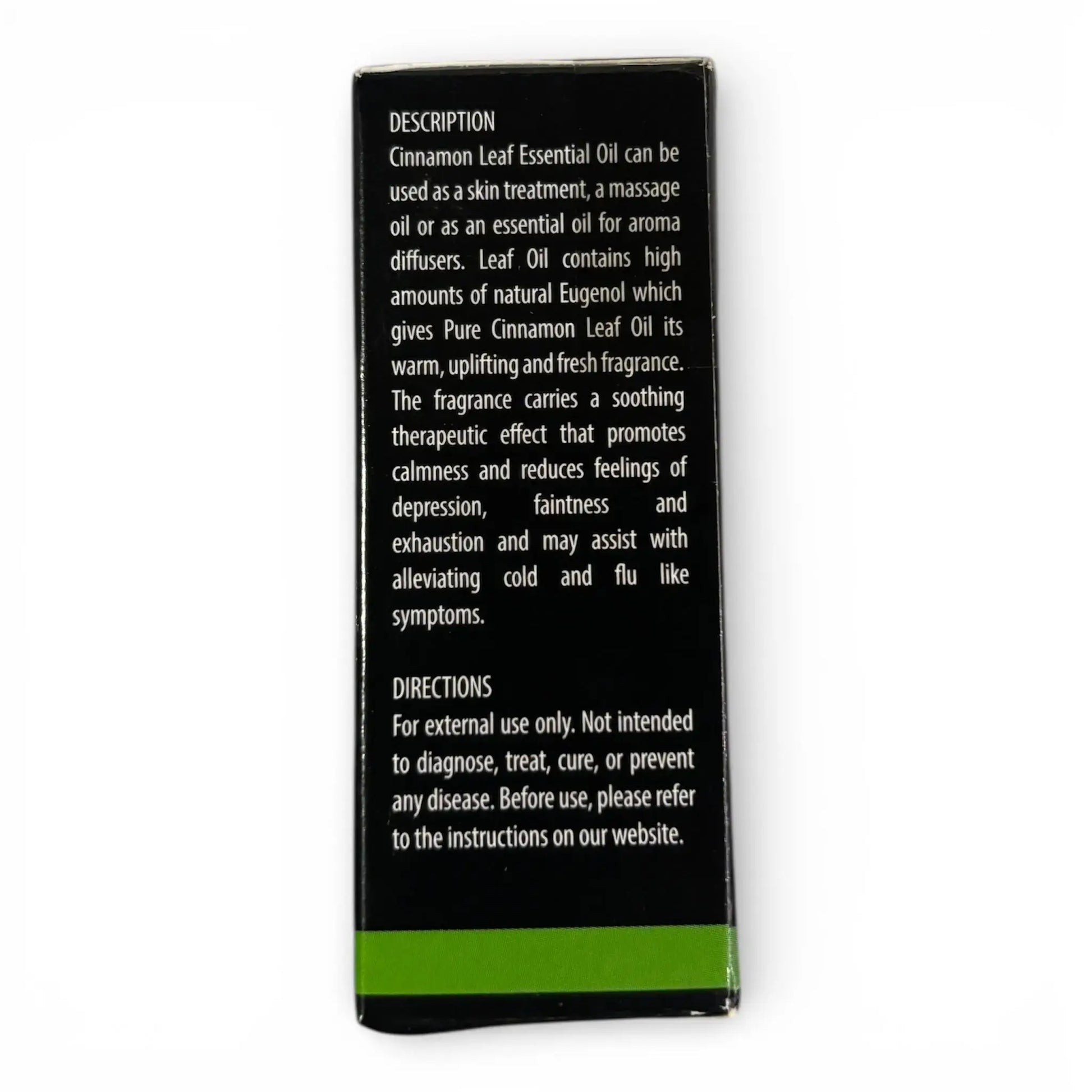 Ceylon Cinnamon leaf essential oil packaging with text on a white background