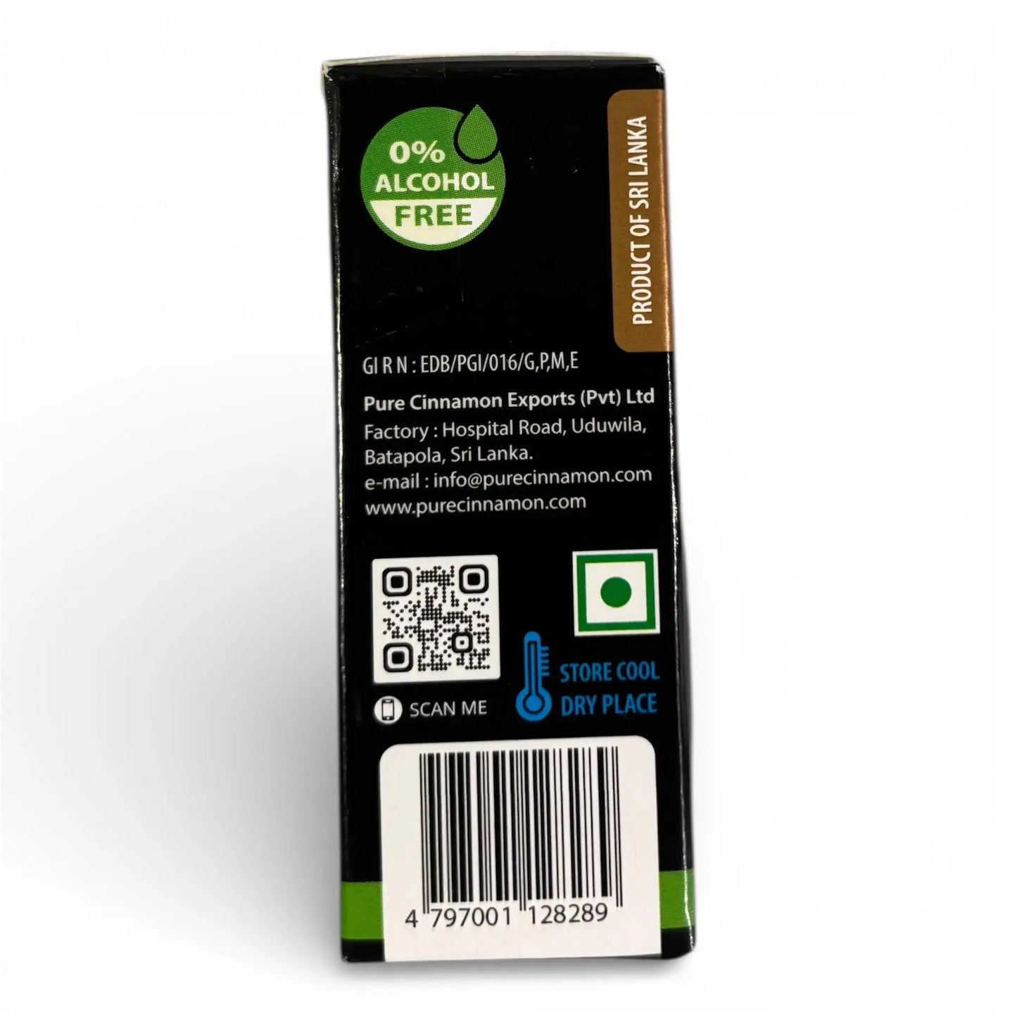 Back of a product packaging with branding and product details on a white background