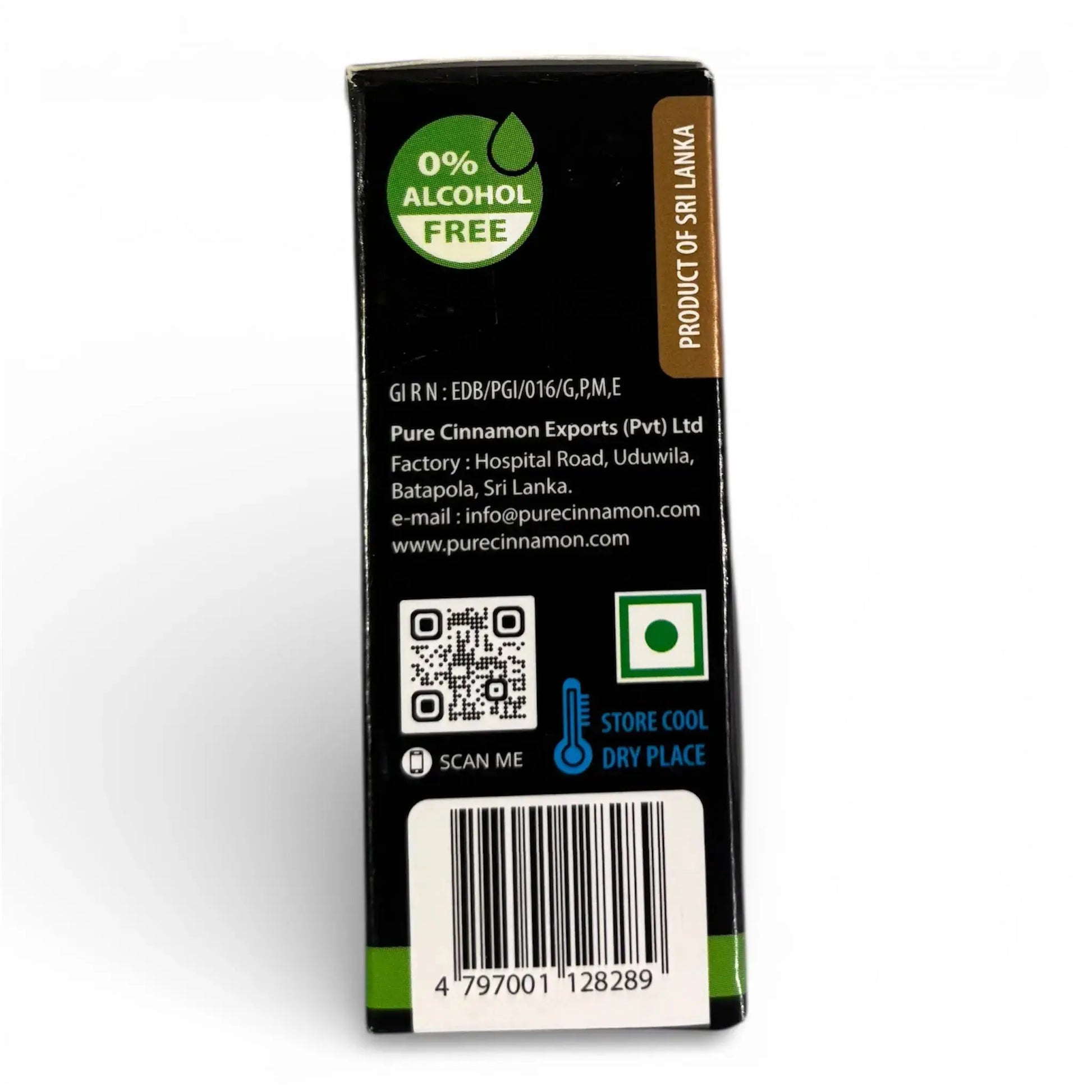 Back of a product packaging with branding and product details on a white background