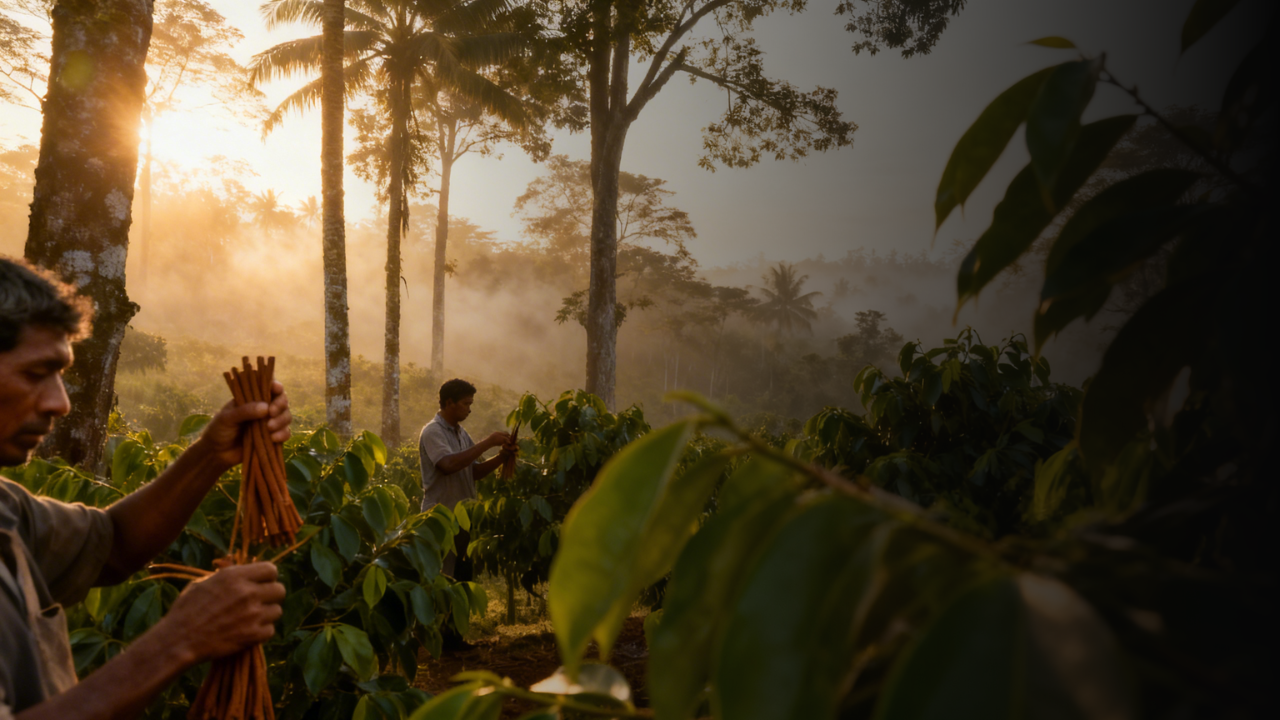 Two people working in a cinnamon plantation with trees and sunlight in the background