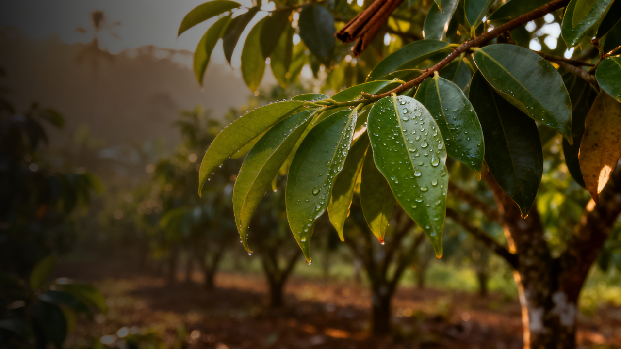 Cinnamon Leaves with water droplets on a blurred background of trees