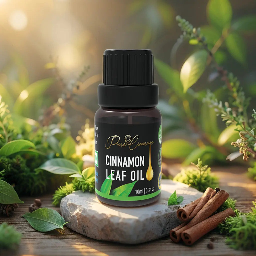Ceylon Cinnamon Leaf Oil with background
