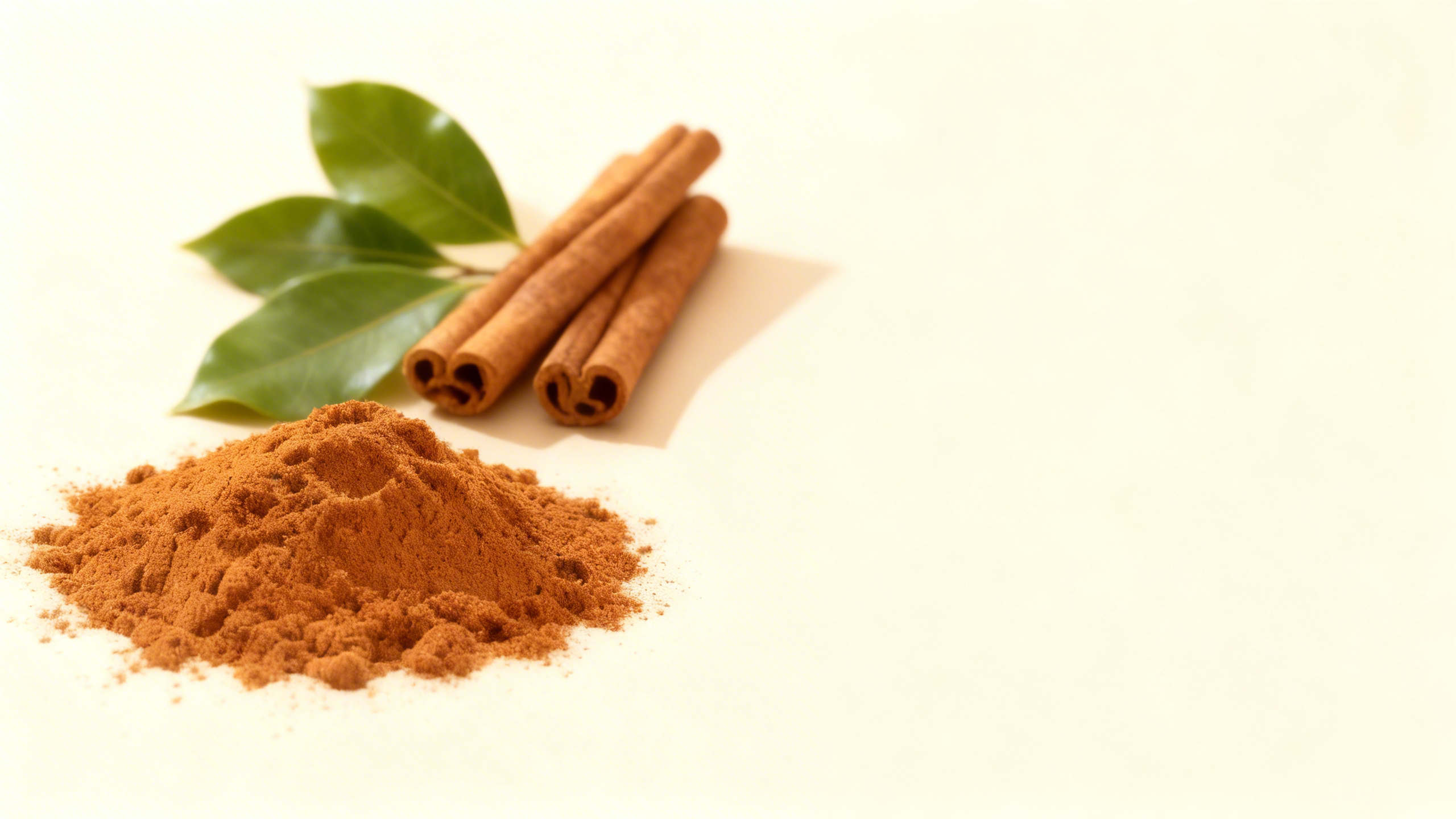 Cinnamon powder with cinnamon sticks and leaves on a white background