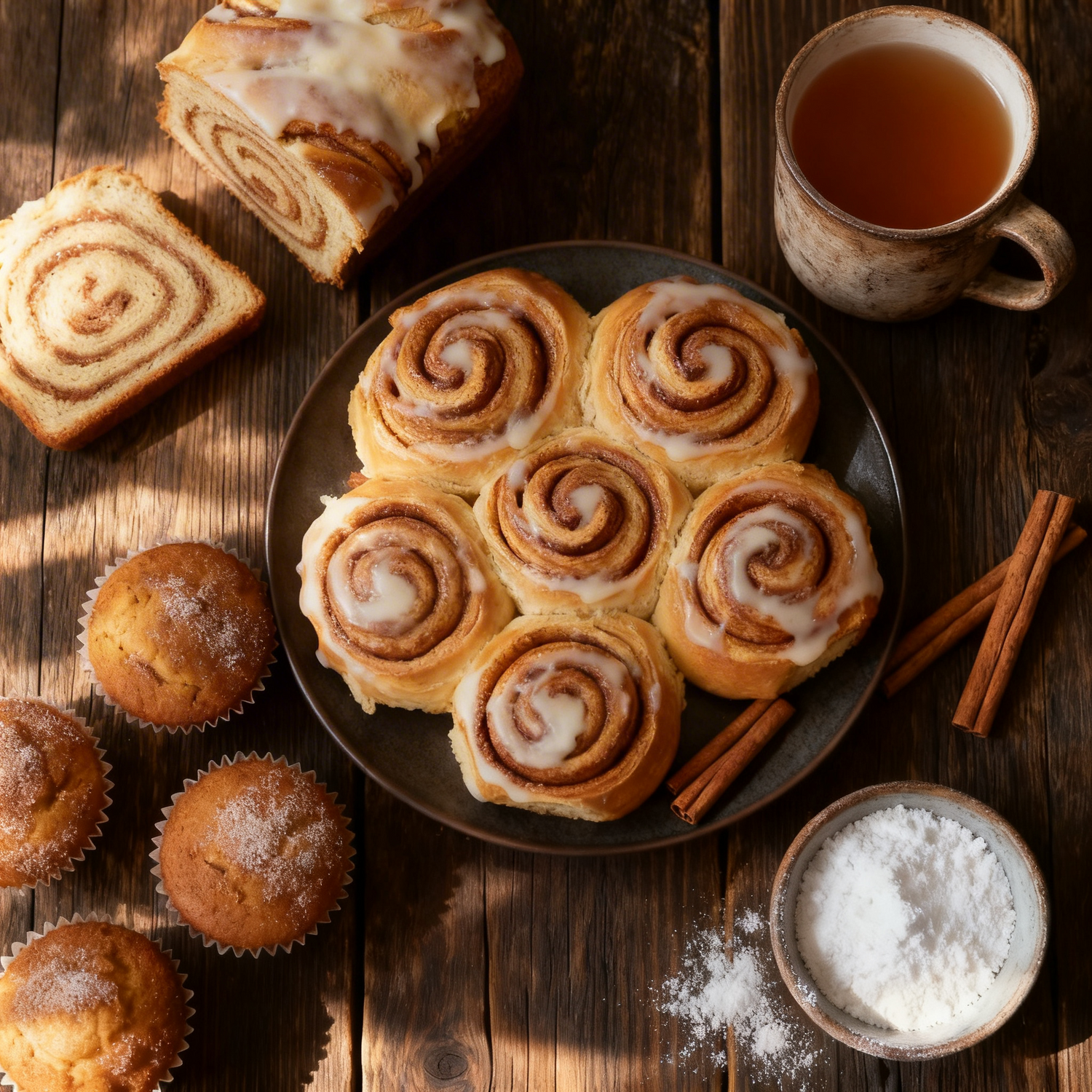 Cinnamon rolls on a plate with a cup of tea, muffins, and cinnamon sticks on a wooden surface.