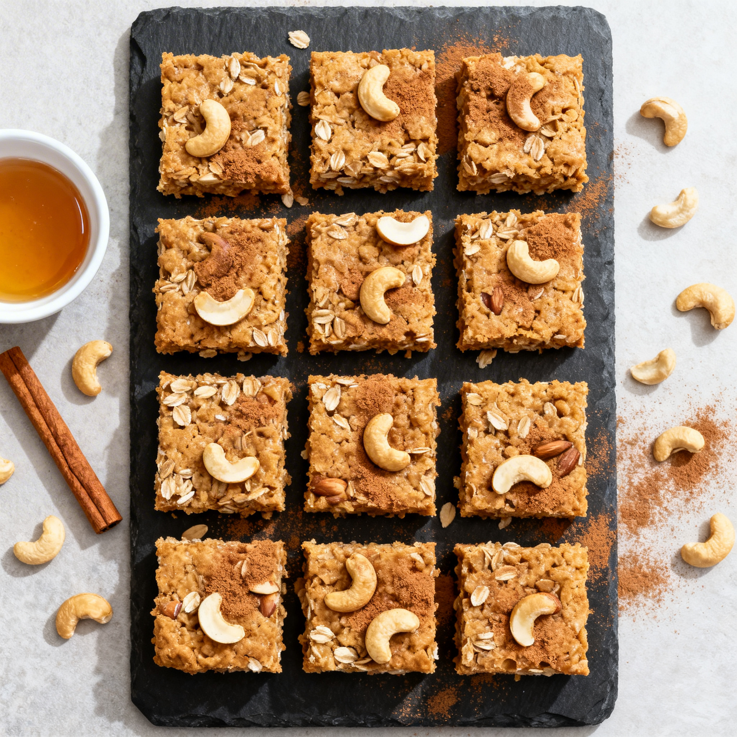 Square slices of baked bars with cashews on a slate board, surrounded by cashews and a bowl of syrup.